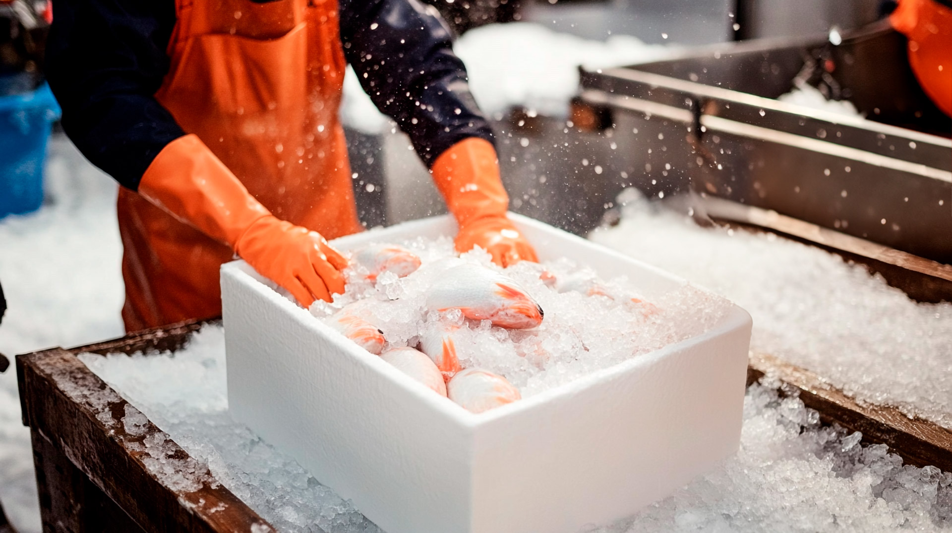 Pescador con peces y hielo triturado
